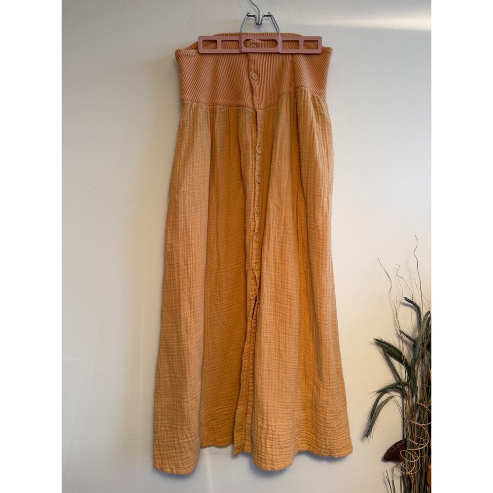 Free People Apricot Orange Gauze Button Down Maxi Skirt Ribbed Waist Small